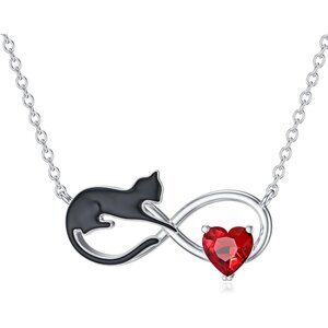 Natural Garnet Black Cat Necklace Women Sterling Silver Infinity Gift